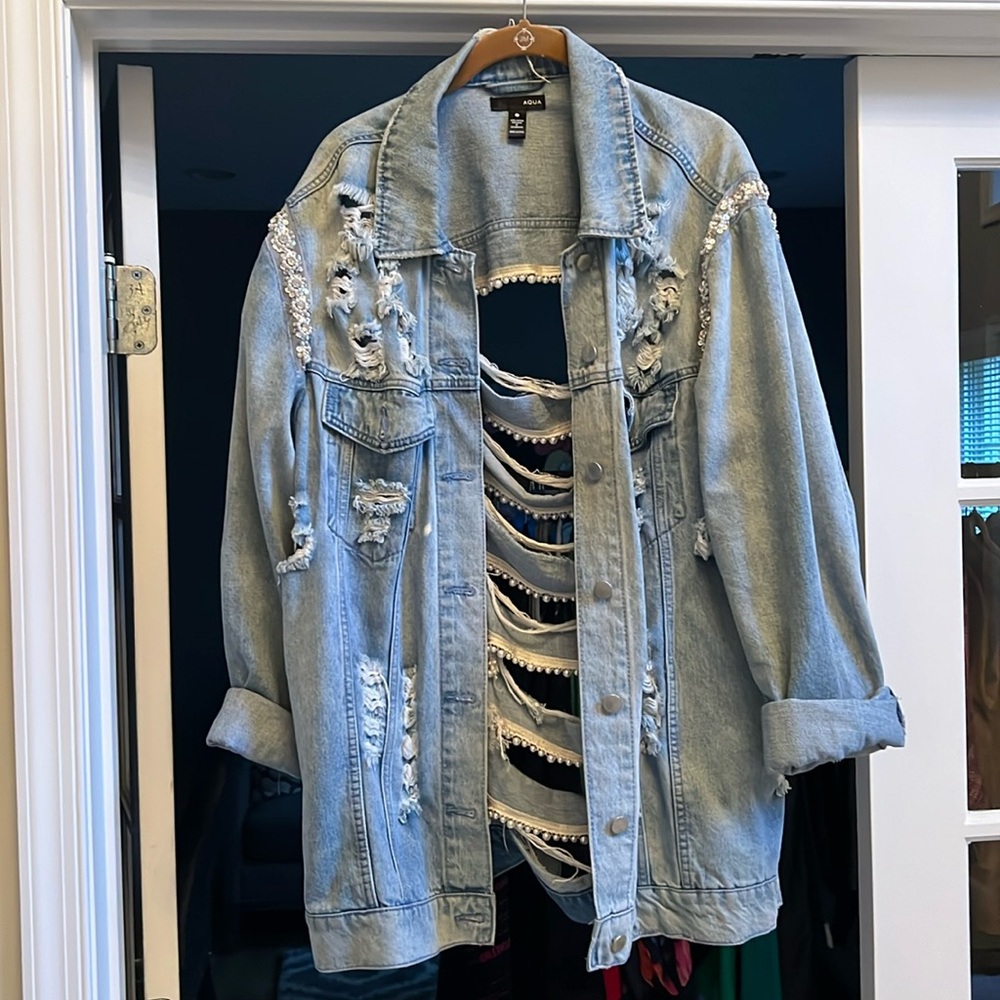 Aqua denim jacket with sequin and pearl details